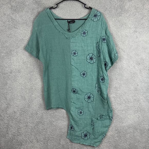 Italian Linen and Cotton Asymmetrical Hem Tunic Embroidered Flowers  L/XL NWT - Picture 4 of 10
